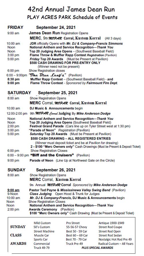 Cars lined up at James Dean festival weekend car show in Fairmount